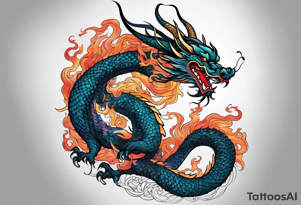 An epic floating asian dragon. Its long body coiling dynamically, with scales and horns detailed to create a sense of movement and strength. The dragon's color is giving a vibrant depth and a mystical aura. This tattoo highlights the dragon’s fierce expression and sharp claws. tattoo idea