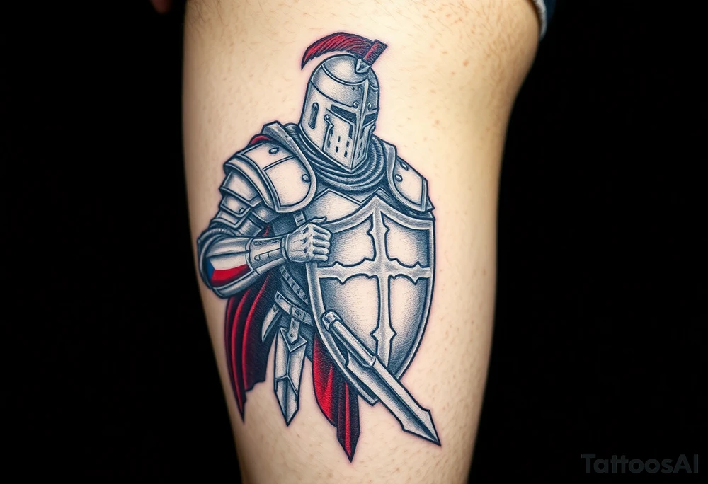 A knight in medieval armor holding a Czech flag (blue, white, red), inspired by Hussite warriors, with battle-worn silver and red tones. tattoo idea