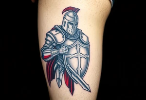 A knight in medieval armor holding a Czech flag (blue, white, red), inspired by Hussite warriors, with battle-worn silver and red tones. tattoo idea