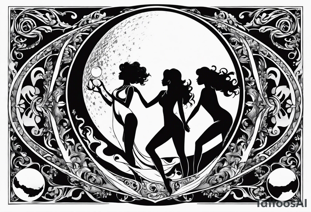crystal ball that shows three women in silhouette dancing underneath a full moon tattoo idea