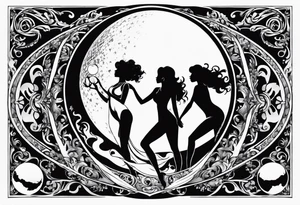 crystal ball that shows three women in silhouette dancing underneath a full moon tattoo idea