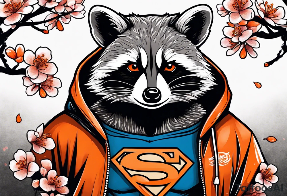 Raccoon wearing a white Superman logo on a black hoodie and orange Japanese cherry blossoms beside tattoo idea