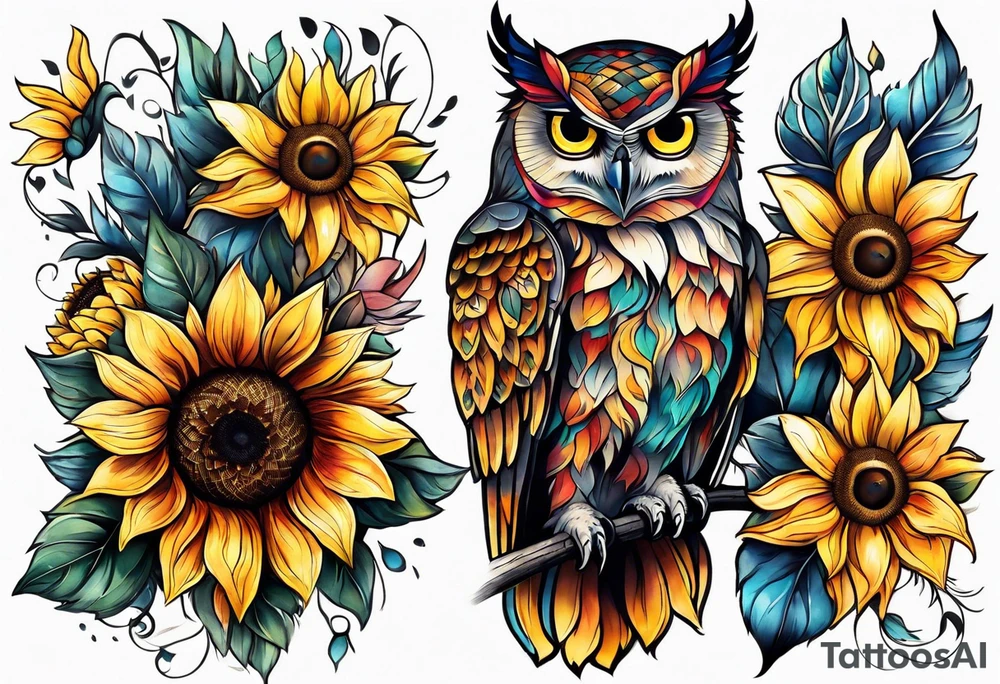 Leg sleeve with colorful sunflowers and an owl tattoo idea