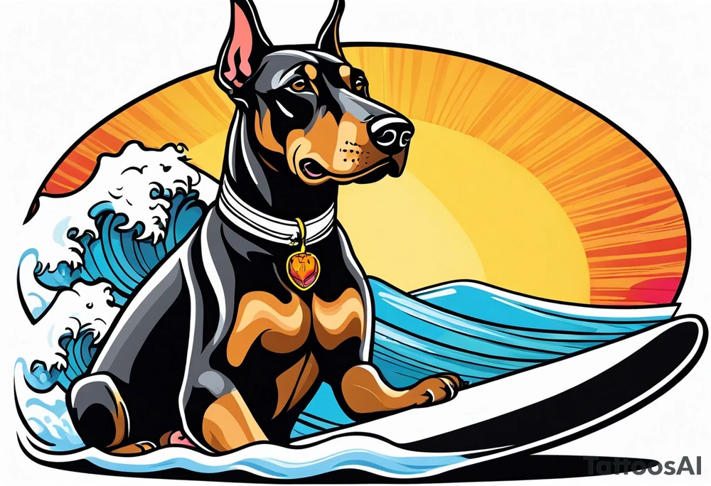 doberman smoking a cigar on a surfboard tattoo idea