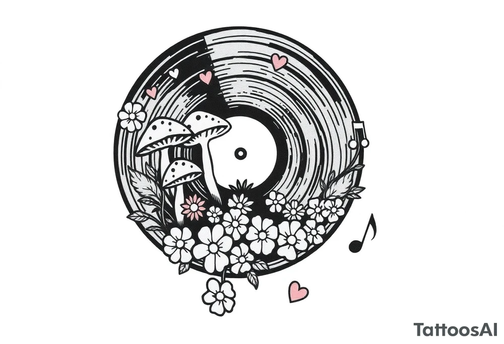 vinyl record with mushrooms, flowers, hearts, and music notes tattoo idea