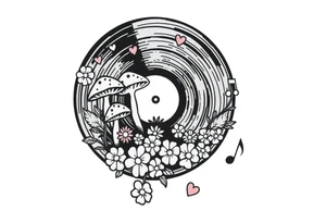 vinyl record with mushrooms, flowers, hearts, and music notes tattoo idea