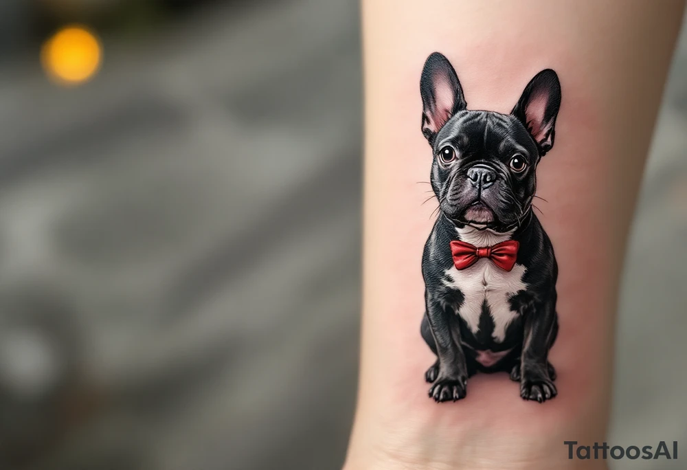 French Bulldog wearing a bowtie, sitting upright with alert ears, black fur with chest patch in white, and red bowtie for contrast. tattoo idea