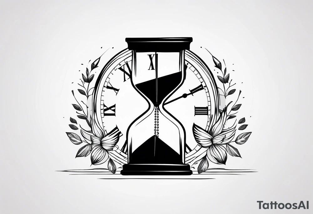 a tattoo mixing a clock and an hourglass in black and white where the year 1979 appears. tattoo idea