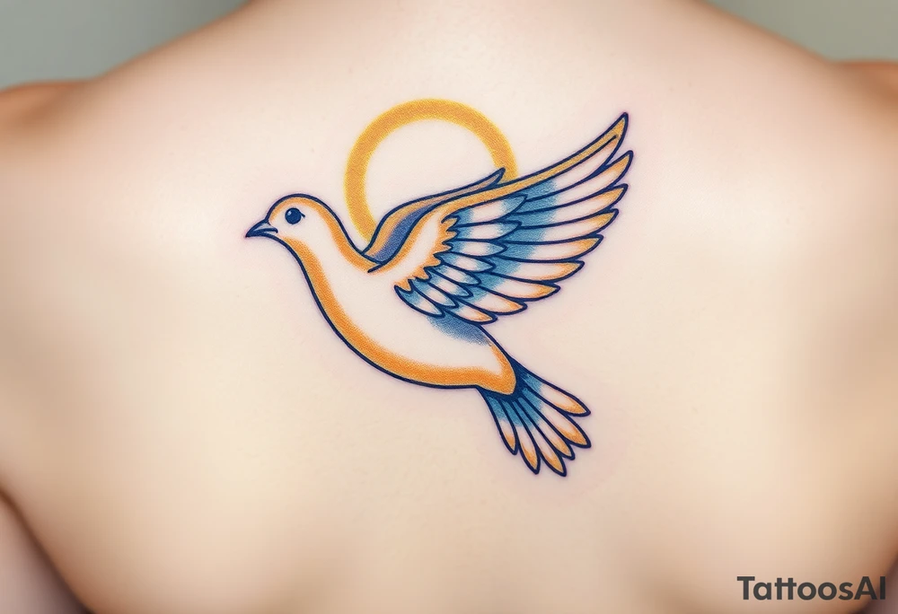 A flying collared dove with a glowing halo, in soft golden hues, with a blue-gray gradient for the bird, symbolizing divine guidance and purity tattoo idea