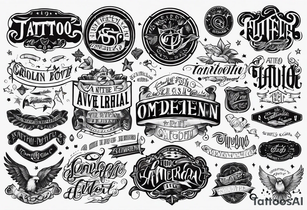 A tattoo flash sheet with different types of American traditional text tattoo idea A tattoo flash sheet with different types of American traditional text tattoo idea