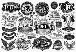 A tattoo flash sheet with different types of American traditional text tattoo idea