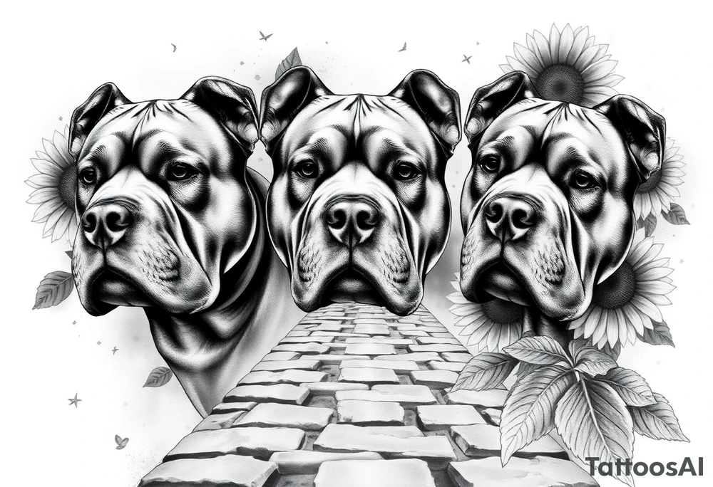 Three very thick muscled up pitbull portraits fading into the background as filler incorporate sunflowers, an old road made from pavers tattoo idea