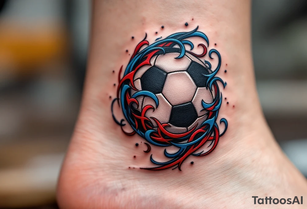 A tribal black soccer ball with intricate red and blue swirls around it. tattoo idea