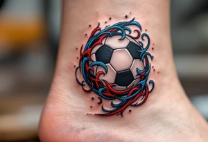 A tribal black soccer ball with intricate red and blue swirls around it. tattoo idea