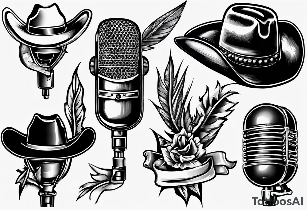 Old school broadcast microphone with cowboy hat on top tattoo idea