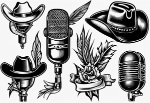 Old school broadcast microphone with cowboy hat on top tattoo idea