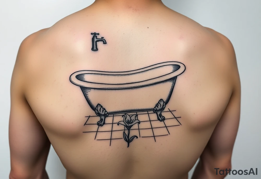 clawfoot bathtub with simple faucet and lily coming up out of the tile floor tattoo idea
