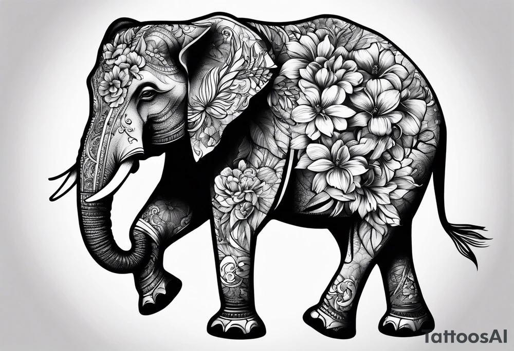 Elephant and flowers tattoo idea