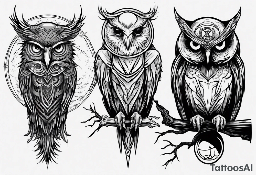 Raven on the left. Owl on the right. Mystic. Dark Demonic Energy. The Moon. tattoo idea