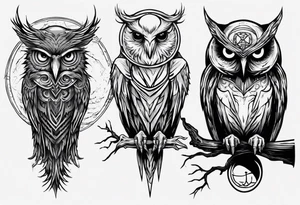 Raven on the left. Owl on the right. Mystic. Dark Demonic Energy. The Moon. tattoo idea