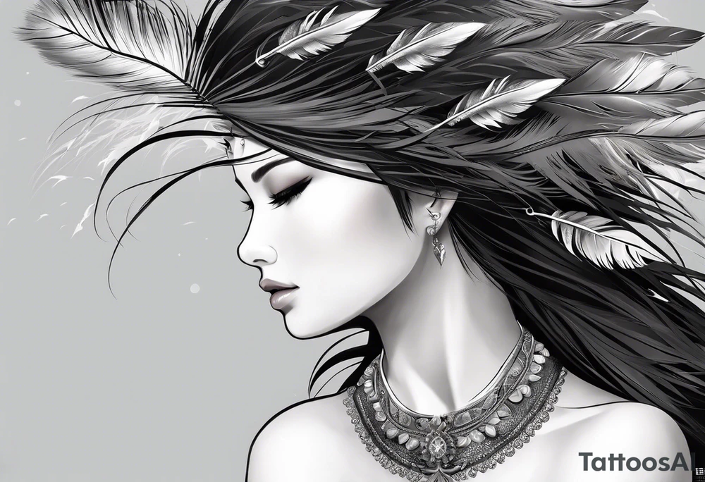 The tattoo begins on the left arm, at the elbow, where feathers are flying under the action of the wind towards the left hand. These feathers share the air space with branches that have leaves, and both elements move together up the left arm. As they approach the shoulder, some lightning appears between them. At this point, the feathers start to converge toward the left chest, where a vortex of energy reveals the head of an owl. The branches converge toward the left side of the back, passing over the shoulder. On the left side of the back, there is a dense, psychedelic element representing the energy of life's creation, with references to the earth, element, and planet. There is also a clay house in this area. tattoo idea