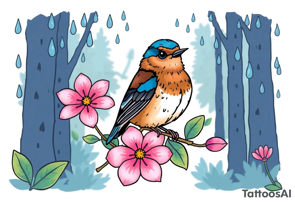 forest background
blue rain drops
pink camelia flower
blue and brown wren bird tattoo idea