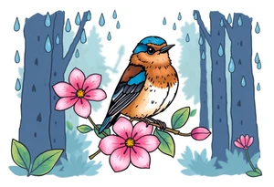 forest background
blue rain drops
pink camelia flower
blue and brown wren bird tattoo idea