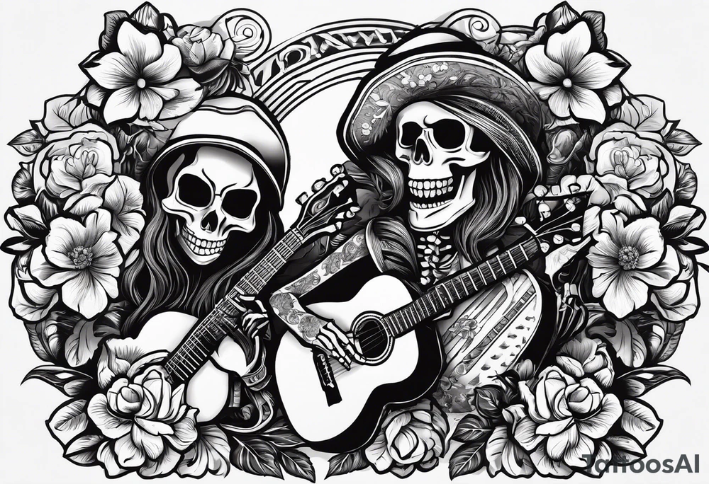 a male and a female skeleton. The male skeleton is playing the guitar. The female skeleton has a hibiscus flower. The female is not playing a guitar. tattoo idea