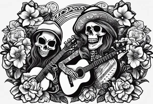a male and a female skeleton. The male skeleton is playing the guitar. The female skeleton has a hibiscus flower. The female is not playing a guitar. tattoo idea