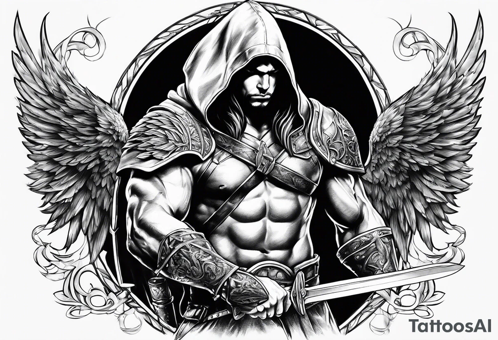 Arch angel hood fighting sword male tattoo idea