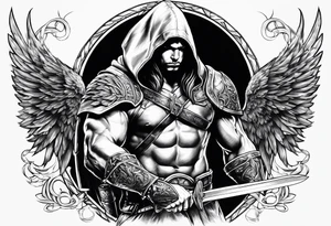 Arch angel hood fighting sword male tattoo idea