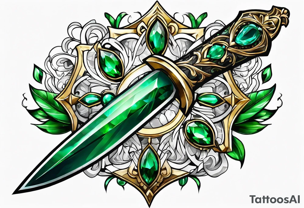 An athame dagger with the hilt turned upward and emerald gemstones tattoo idea