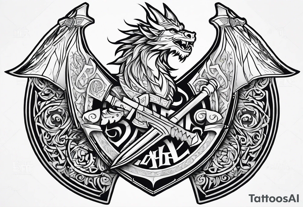 Valhalla sword shield dragon axe viking church tattoo idea