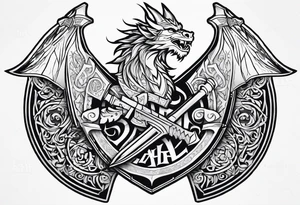 Valhalla sword shield dragon axe viking church tattoo idea