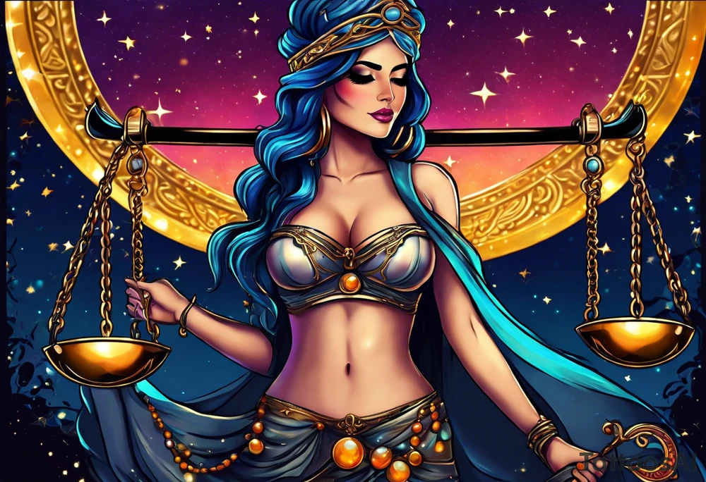 Beautiful woman blindfolded holding the libra scales, in the background is the libra constellation with a halfmoon surrounding half of the woman. The scales hang from the bottom of the half moon. Vibrant colors intensify the picture tattoo idea