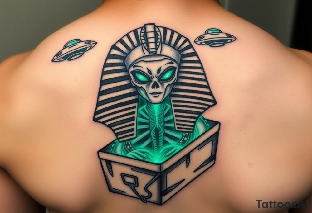 "Pharaoh's sarcophagus opening to reveal a grey alien. Instead of organs: glowing crypto wallets. Floating UFOs are shaped like Chevy Impalas (lowrider style).  

Style: Neo-traditional tattoo with glitch effects. Colors: turquoise/black/neon green." tattoo idea