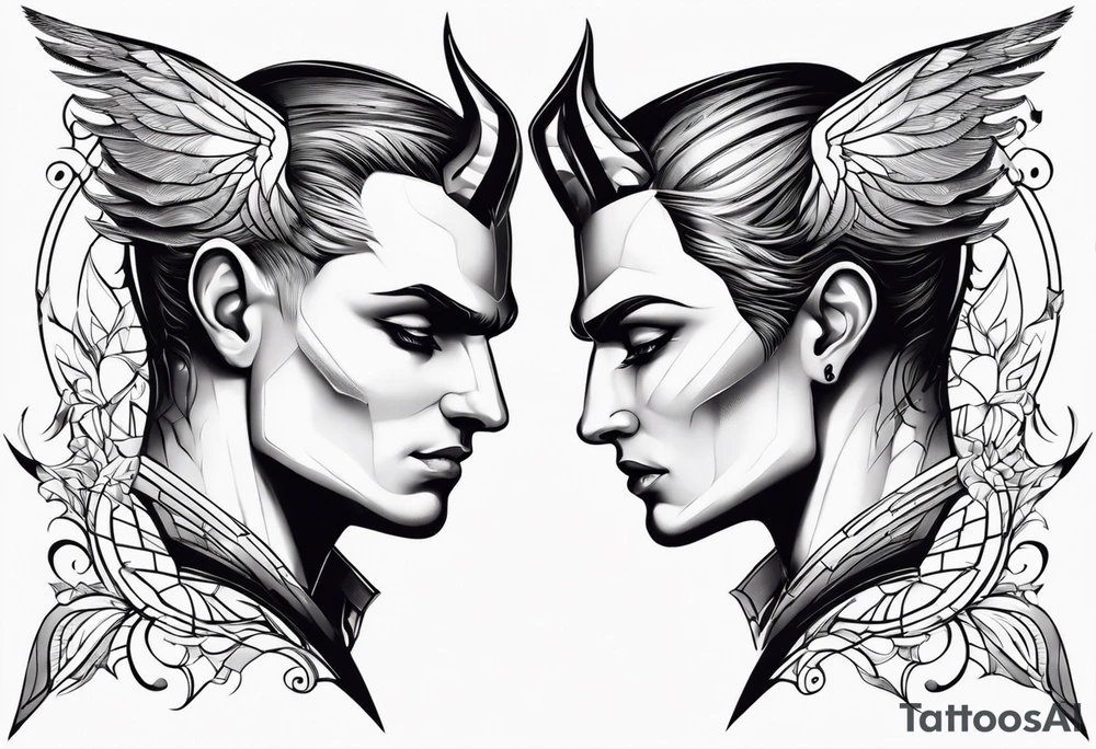 engel and devil look at each other from top and bottom, realistic tattoo idea