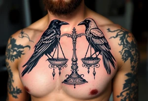 A black and white raven perched on opposite sides of an ornate scale, representing the choice between good and bad karma. tattoo idea