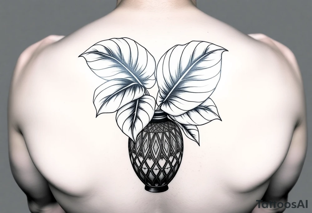 Large Decorative vase with large monstera leaves tattoo idea