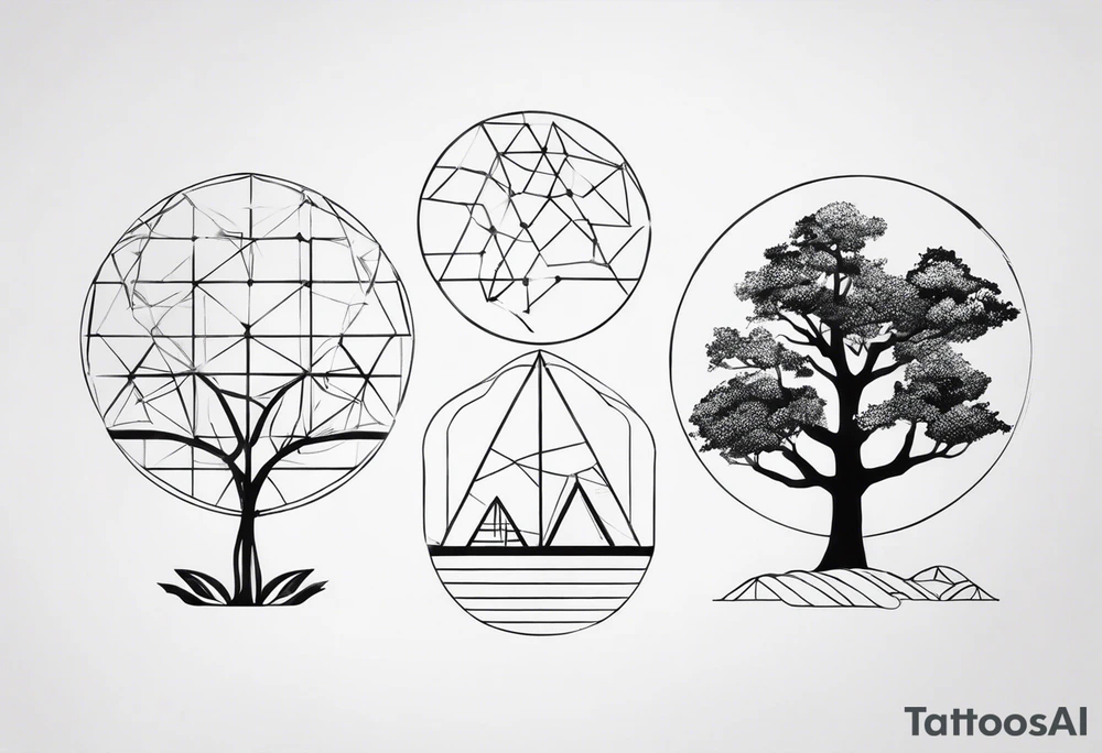 tattoo fine line, contendo árvore da vida, símbolos geométricos, textos em latim sobre força e coragem, DNA tattoo idea