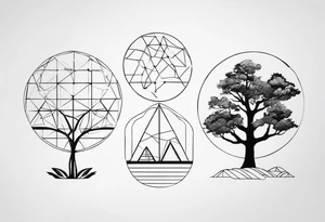 tattoo fine line, contendo árvore da vida, símbolos geométricos, textos em latim sobre força e coragem, DNA tattoo idea