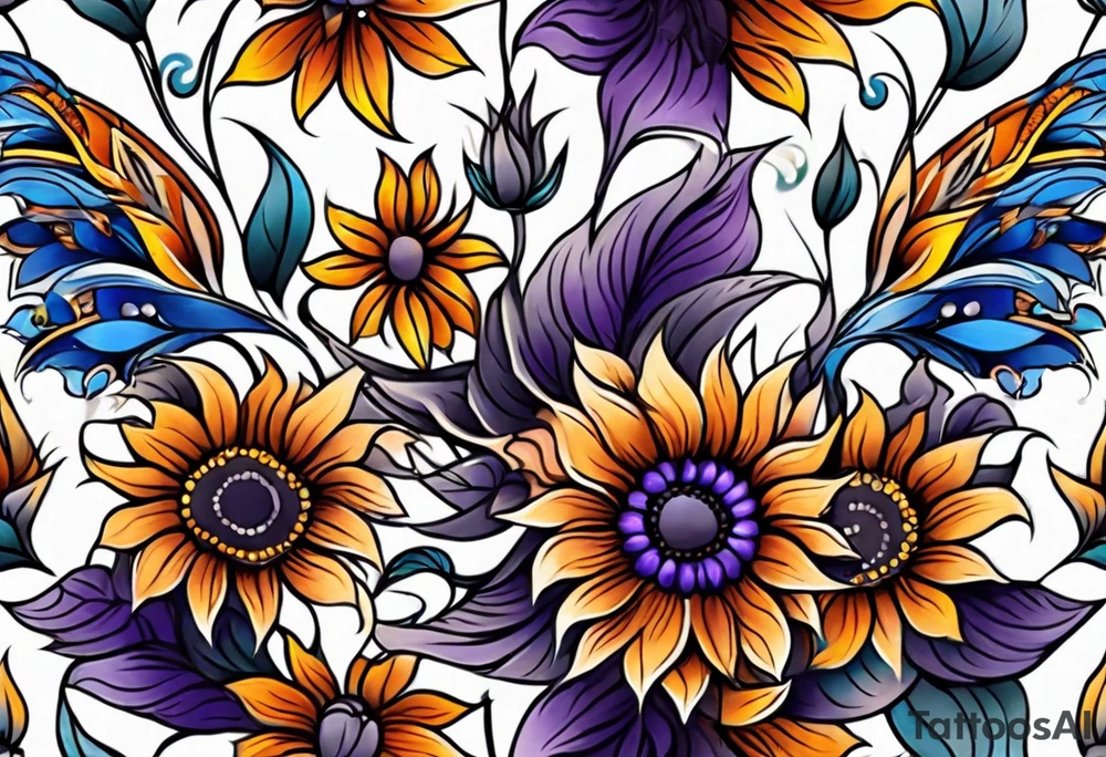 Full leg sleeve with purple, orange and blue sunflowers tattoo idea