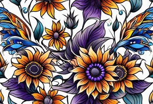 Full leg sleeve with purple, orange and blue sunflowers tattoo idea