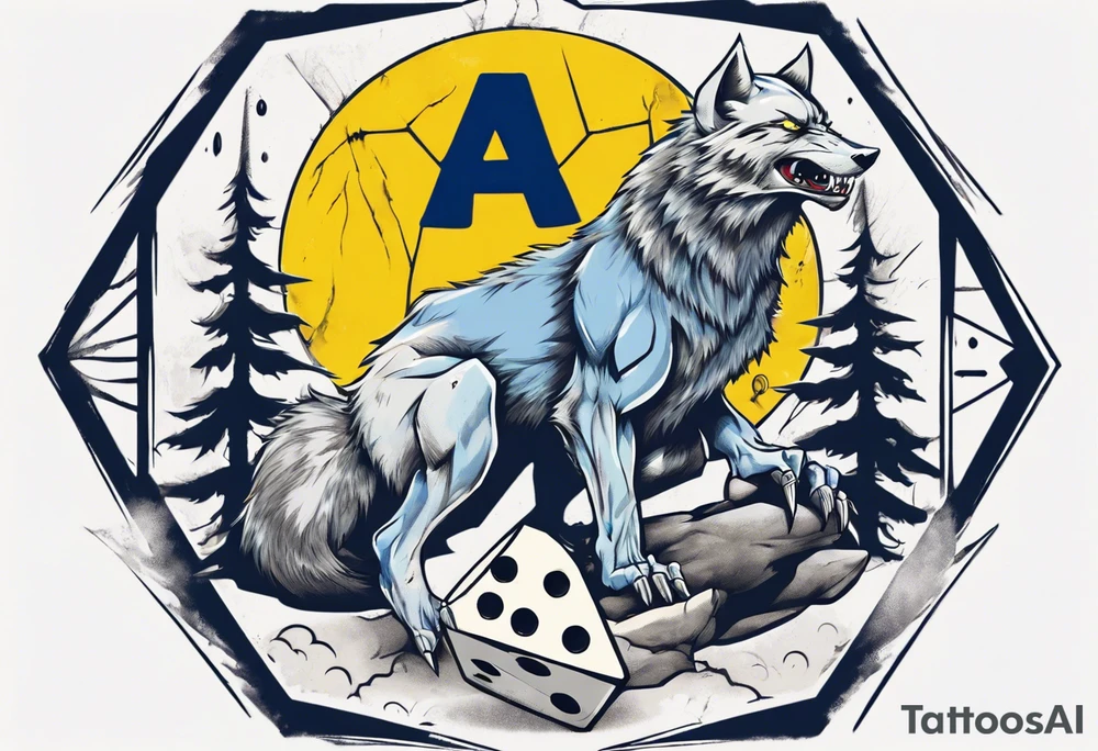 A large 20 sided Dice in the center and the front with numbers on the dice and wolverine claw marks framing the area underneath the dice and a werewolf howling at the moon in the background, and blue and yellow faded background color tattoo idea