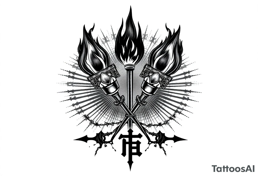 Large blackwork chest and neck tattoo. Two big crossed torches in the center of the chest, tightly wrapped in detailed barbed wire. Intense black flames rise upward from the torches, going high above the neck. The tattoo is massive, fully filled, no empty space. Background filled with dotwork, radial patterns, dark textures similar to the attached reference style. Strong geometric and ornamental filling along the collarbones. At the bottom, large bold letters 'БЛЦС' in a heavy gothic or blocky blackwork font. Entire tattoo done only in black ink, very high detail, dramatic, brutal, symmetrical composition, blackwork / dotwork / engraving style." tattoo idea