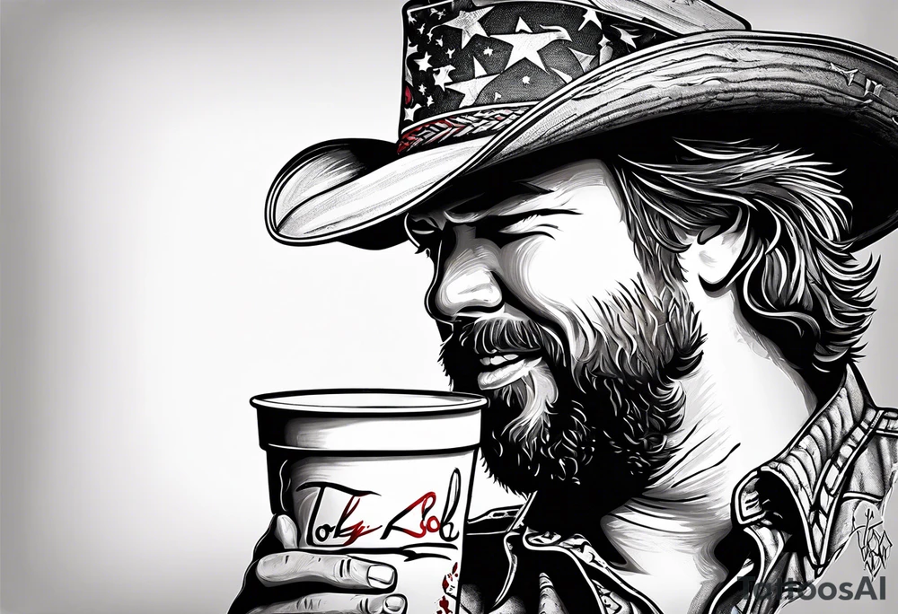 A cracked solo cup with “Toby Keith” written in Sharpie ink at the top tattoo idea