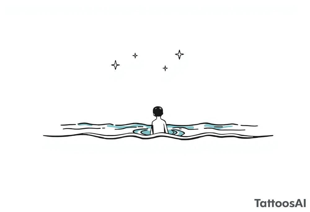 Simple line of water with a person coming out of the water with a night sky and shining stars tattoo idea