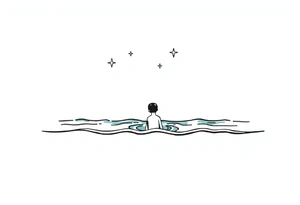 Simple line of water with a person coming out of the water with a night sky and shining stars tattoo idea