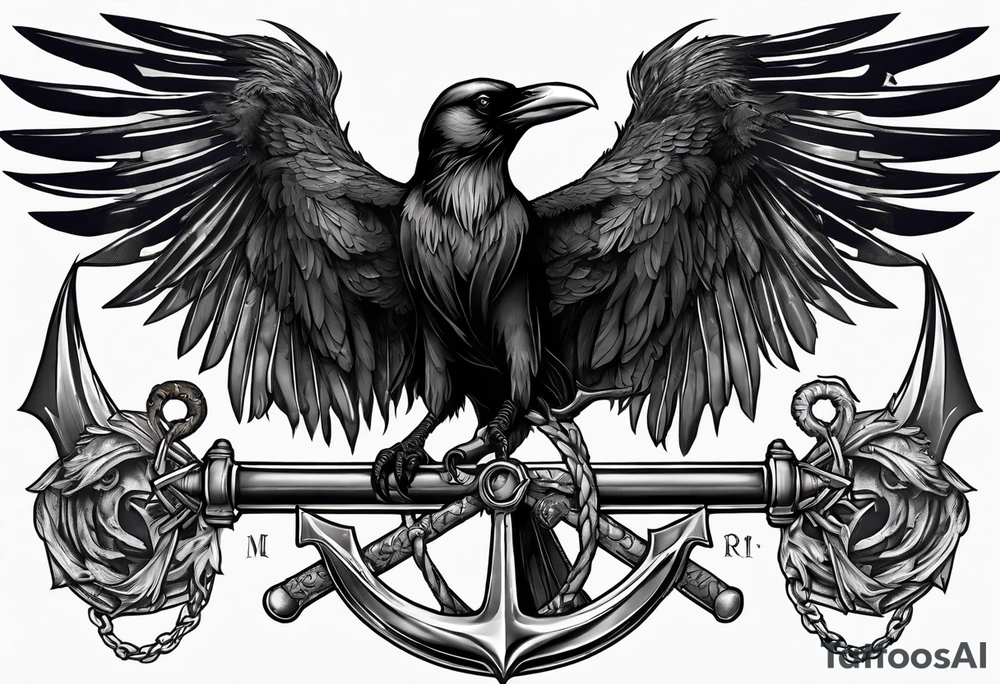Raven holding skull in claw,and scythe in the shape of anchor tattoo idea
