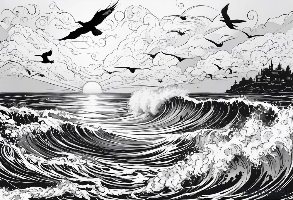 A tattoo with the letters “Lev livet mens du kan” with a small angel and the sea with sea gulls tattoo idea